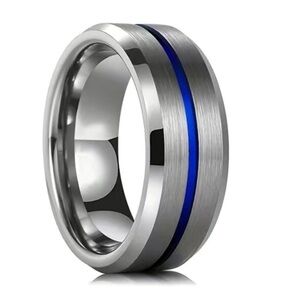 Stainless Steel Blue Groove Ring - Brushed Silver Comfort Fit Band
